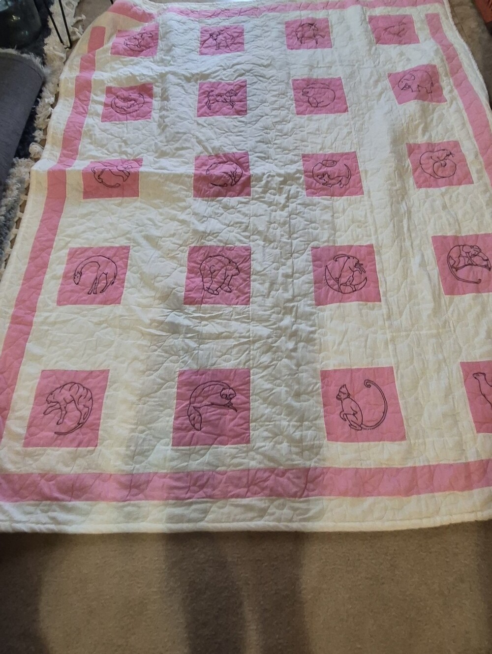 Antique 1940s Handmade Embroidered Animal Quilt 69x85 Pink White Folk Art